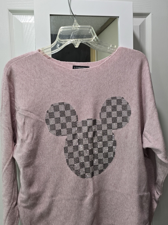 Christina Sweaters - 100% CASHMERE Christina Pink Crewneck Sweater with Rhinestone Checker Mickey